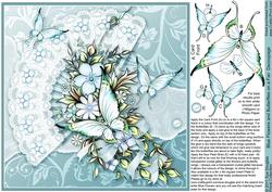 Blue Flowers and Butterflies on a Fan Decoupage 8in x 8in