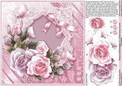 Roses and Butterflies on a Pink Fancy Frame 8in x 8in Decoup