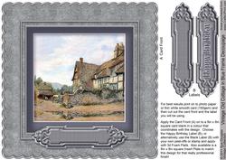 Vintage Old Cottage in Blue Frame 8in x 8in Decoupage