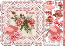 Vintage Pink Roses in a Lace Frame 8in x 8in Decoupage