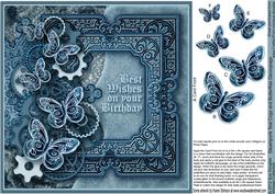 Steampunk Teal Cogs and Butterflies - 8in x 8in Decoupage