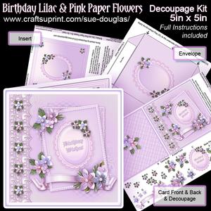 Birthday Lilac and Pink Paper Flowers 5in x 5in Decoupage Ki