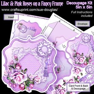Lilac & Pink Roses on a Fancy Frame 5in x 5in Decoupage Kit