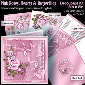 Pink Roses, Hearts and Butterflies 8in x 8in Decoupage Kit