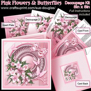 Pink Flowers and Butterflies 8in x 8in Decoupage Kit