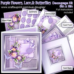 Purple Flowers, Lace and Butterflies 8in x 8in Decoupage Kit
