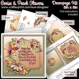 Cerise and Peach Flowers 5in x 5in Decoupage Kit Birthday