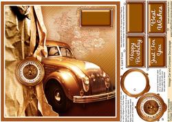 Vintage Car and Compass 8in x 8in Decoupage