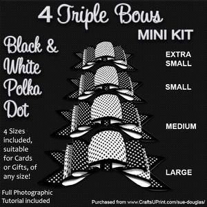 4 Triple Bows Mini Kit - Black and White Polka Dot