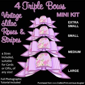 4 Triple Bows Mini Kit - Vintage Lilac Roses and Stripes