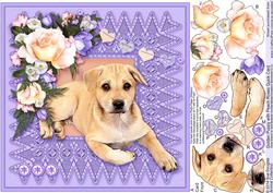Golden Puppy with Peach Roses 8in x 8in Decoupage