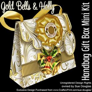 Handbag Gift Box Gold Bells & Holly