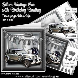 Silver Vintage Car with Birthday Bunting Decoupage