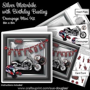 Silver Motorbike with Birthday Bunting Decoupage