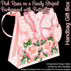 Handbag Gift Box Pink Roses on a Candy Stripe with Butterfly