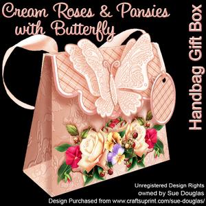 Handbag Gift Box Cream Roses and Pansies with Butterfly