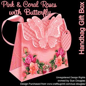 Handbag Gift Box Pink & Coral Roses with Butterfly