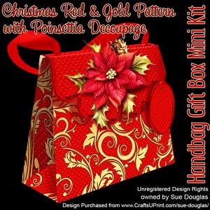 Handbag Gift Box Christmas Red & Gold with Poinsettia Decoup