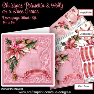 Christmas Poinsettia and Holly on a Lace Frame 8in x 8in Dec