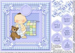 New Baby Boy with Teddy 8in x 8in Decoupage