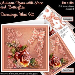Autumn Roses with Lace and Butterflies 8inx8in Decoupage Kit