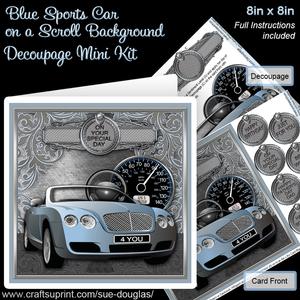 Blue Sports Car on a Scroll Background 8x8 Decoupage Minikit