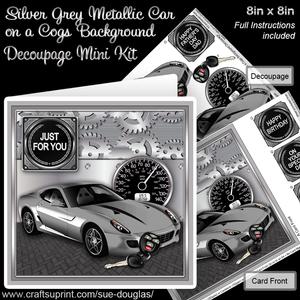 Silver Grey Metallic Car on a Cogs Background 8x8 Decoupage