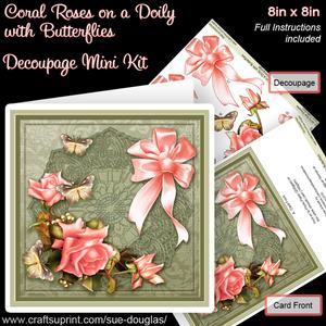 Coral Roses on a Doily with Butterflies 8x8 Decoupage Kit