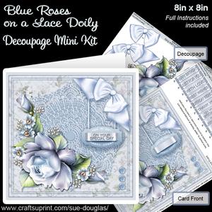 Blue Roses on a Lace Doily 8in x 8in Decoupage Mini Kit