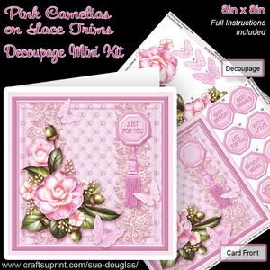 Pink Camelias on Lace Trims 8in x 8in Decoupage Mini Kit