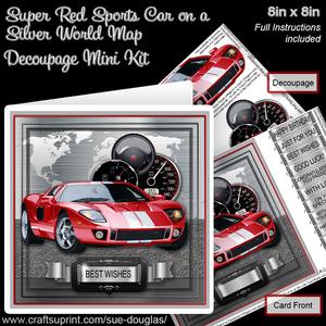 Super Red Sports Car on a Silver World Map 8x8 Decoupage Kit