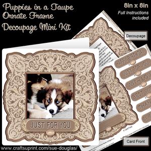 Puppies on a Taupe Ornate Frame 8in x 8in Decoupage Mini Kit