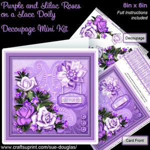 Purple and Lilac Roses on a Lace Doily 8 x 8 Decoupage Kit