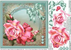 Pink Roses on a Teal Frame 8in x 8in Decoupage