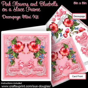 Pink Flowers and Bluebells on a Lace Frame 8inx8in Decoupage