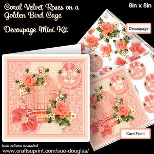 Coral Velvet Roses on a Golden Bird Cage 8in x 8in Decoupage