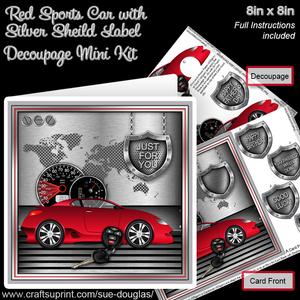 Red Sports Car with Silver Shield Label 8x8 Decoupage Kit