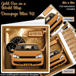 Gold Car on a World Map 8in x 8in Decoupage Mini Kit