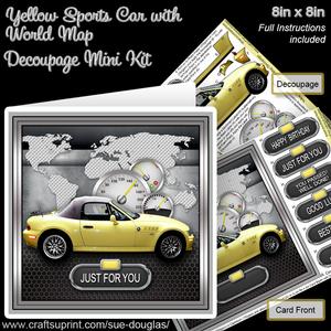Yellow Sports Car with World Map 8inx8in Decoupage Mini Kit