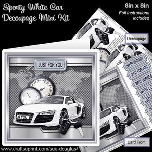 Sporty White Car 8in x 8in Decoupage Mini Kit
