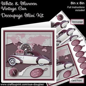 White and Maroon Vintage Car 8in x 8in Decoupage Mini Kit