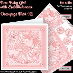 New Baby Girl with Embellishments 8inx8in Decoupage Mini Kit
