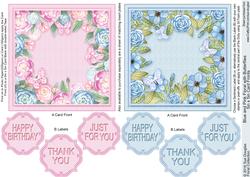 Blue and Pink Floral with Butterflies 5in x 5in Card Fronts