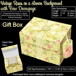 Gift Box Vintage Roses on a Lemon Background with Bow Decoupage