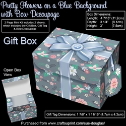 Gift Box Pretty Flowers on a Blue Background with Bow Decoupage