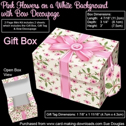 Gift Box Pink Flowers on a White Background with Bow Decoupage