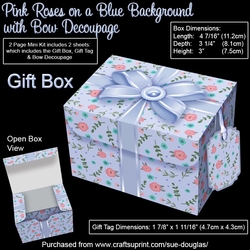 Gift Box Pink Roses on a Blue Background with Bow Decoupage