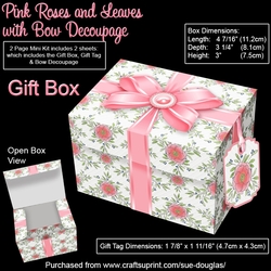 Gift Box Pink Roses & Leaves with Bow Decoupage