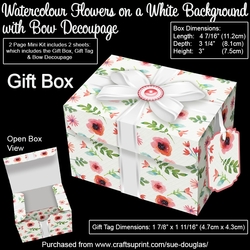 Gift Box Watercolour Flowers on a White Background with Bow Decoupage