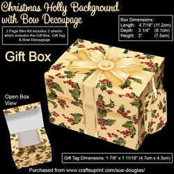 Gift Box Christmas Holly Background with Bow Decoupage